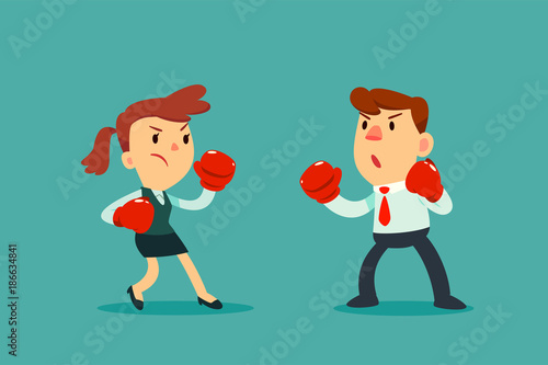 businesswoman in boxing gloves fighting against businessman