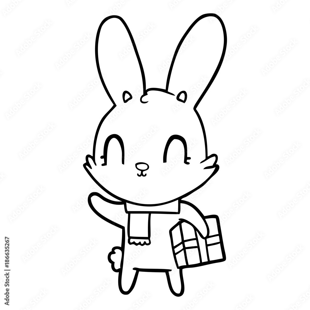Obraz premium cute cartoon rabbit with christmas present