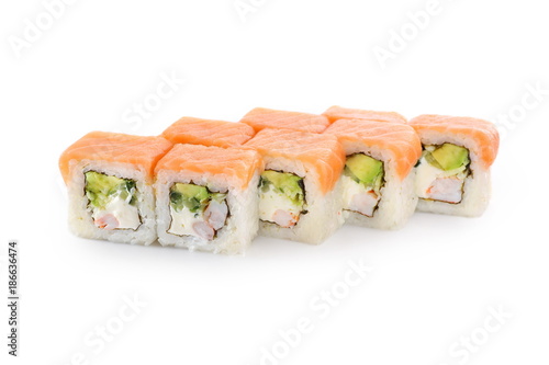 Sushi with rice, salmon, tiger shrimp, avocado, cheese, nori on a white background