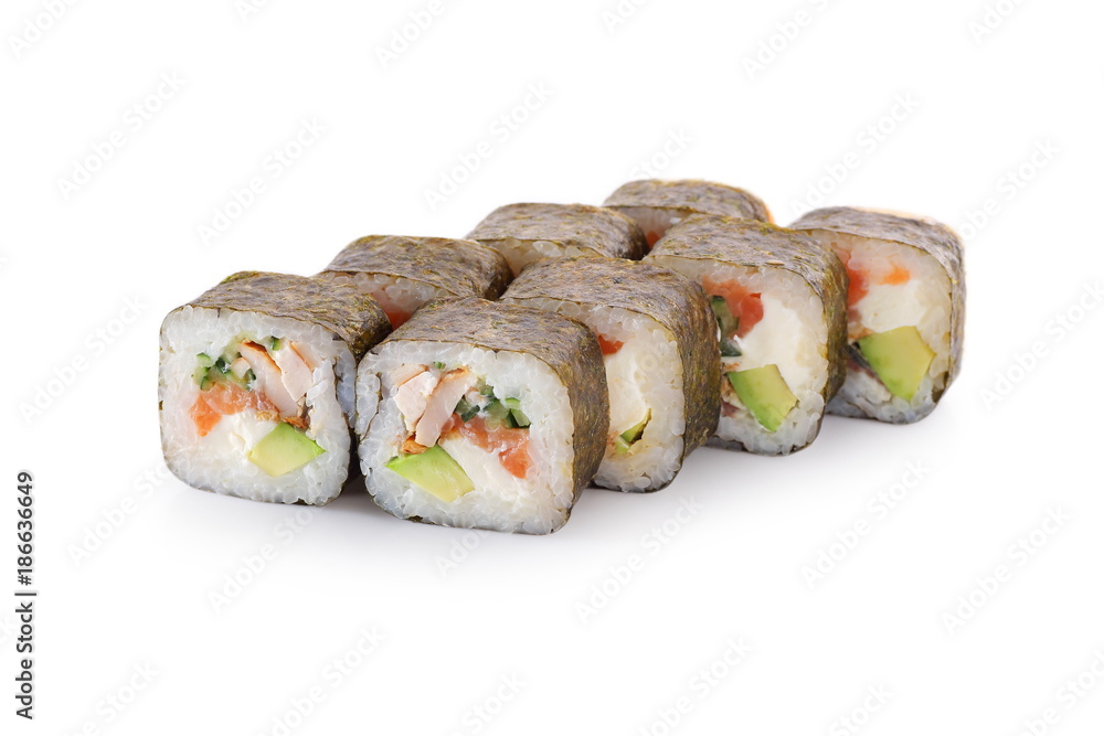 sushi with Salmon, smoked eel, smoked chicken, avocado, nori, cucumber on a white background isolated sushi with Salmon, smoked eel, smoked chicken, avocado, nori, cucumber on a white background isolated