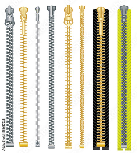 Metal and Plastic Zipper Set Isolated on White Background.