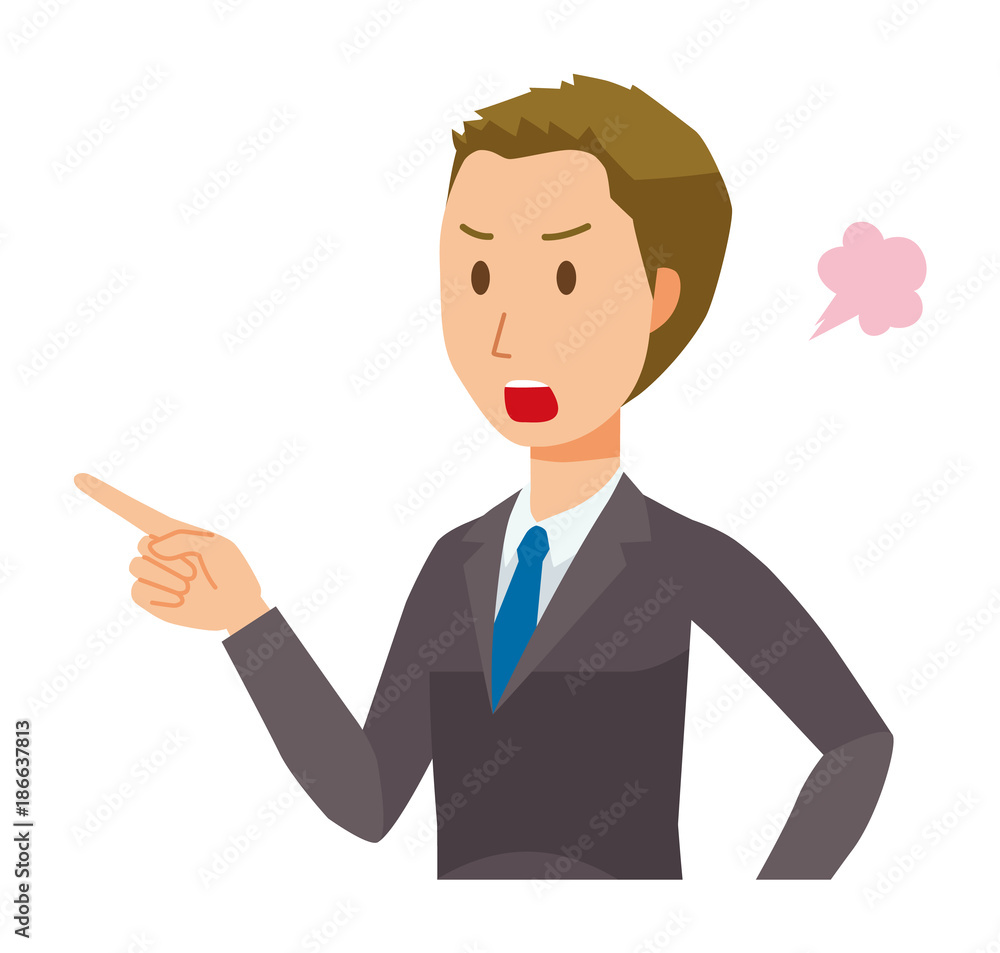 A young businessman is angrily pointing to a finger