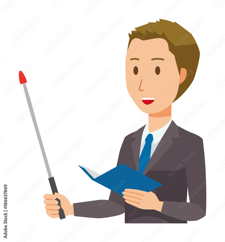 A young businessman has an instruction stick A young businessman has an instruction stick