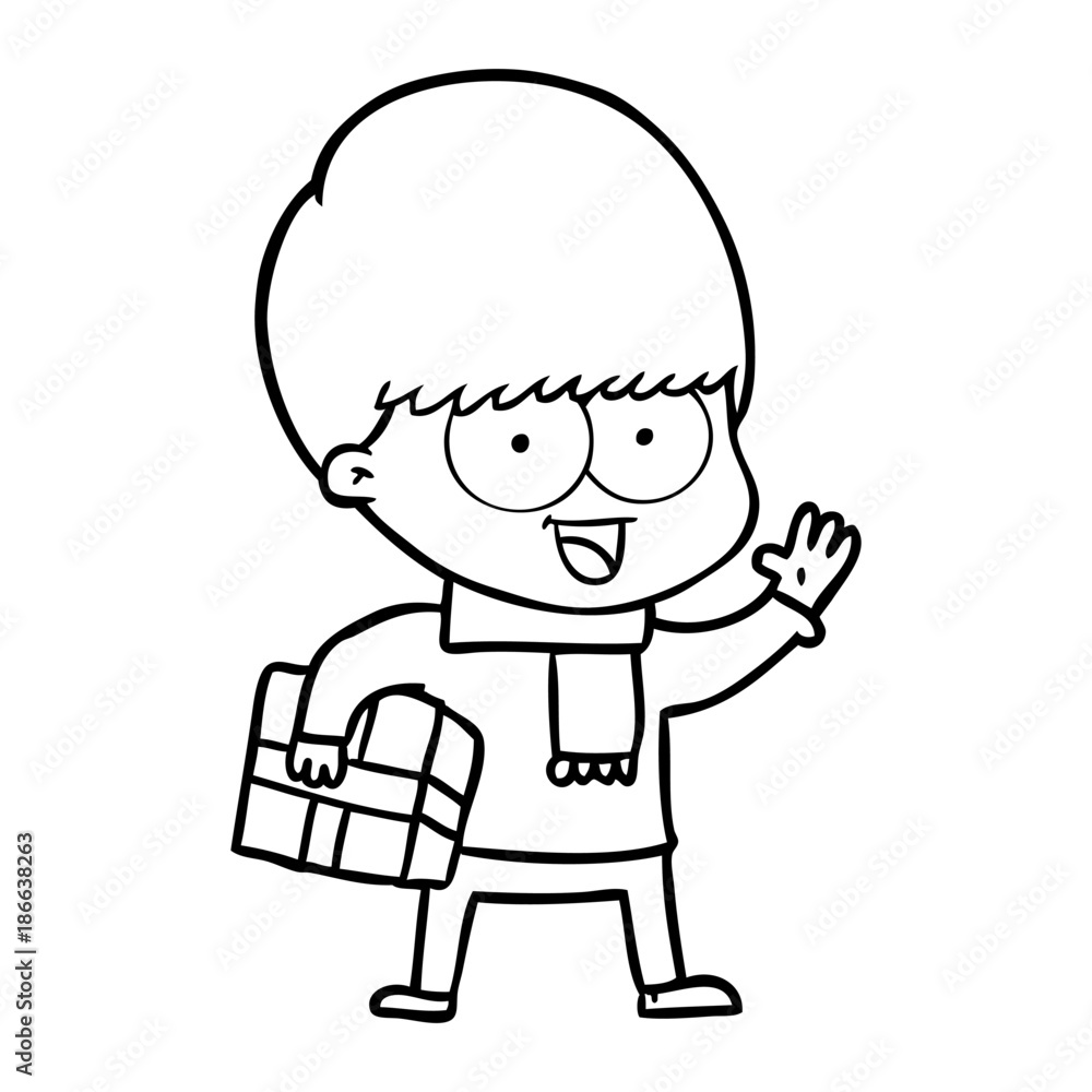 happy cartoon boy with present happy cartoon boy with present