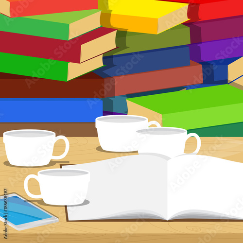 Opened school book, smart phone and a lot of empty coffee cup on desk, stack of books on the background, education concept. Vector cartoon style illustration.