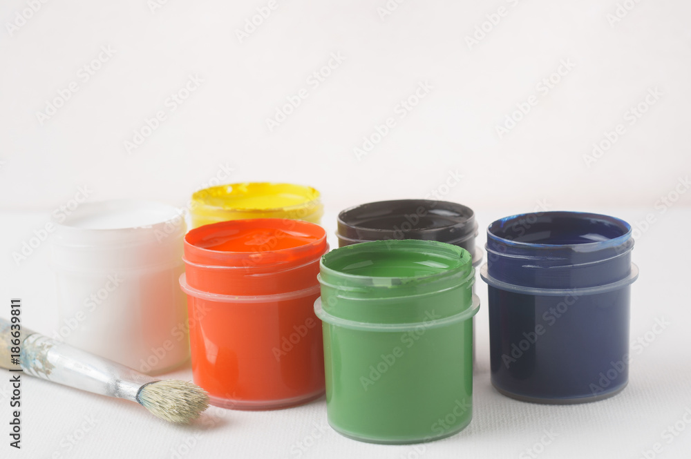 Jars with gouache on canvas, old brush