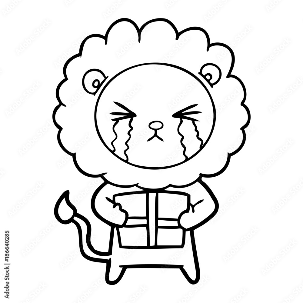 cartoon crying lion with gift