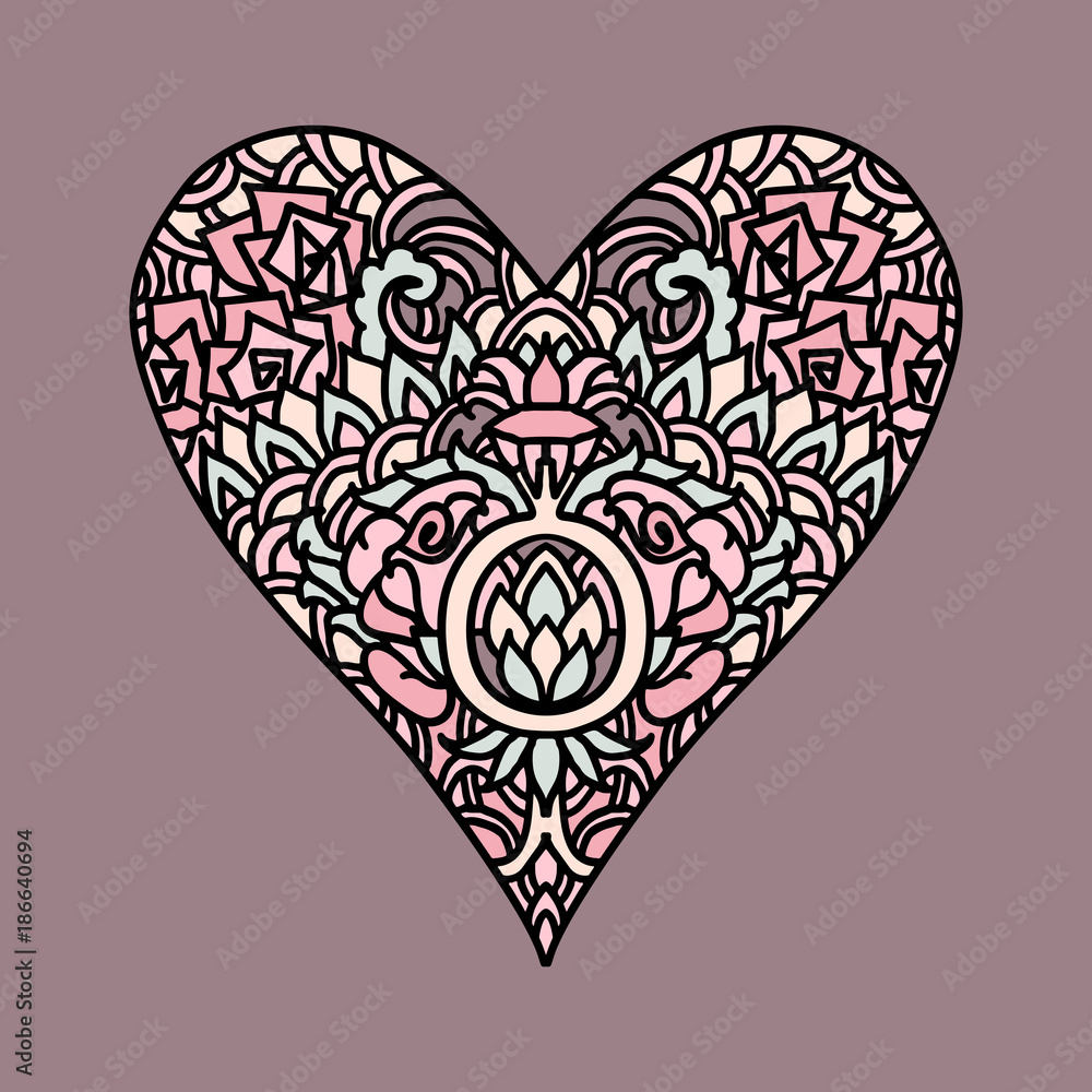 Handdrawn zentangle heart. Mandala style design for St. Valentine day cards. Coloring book pattern. Vector doodle illustration.