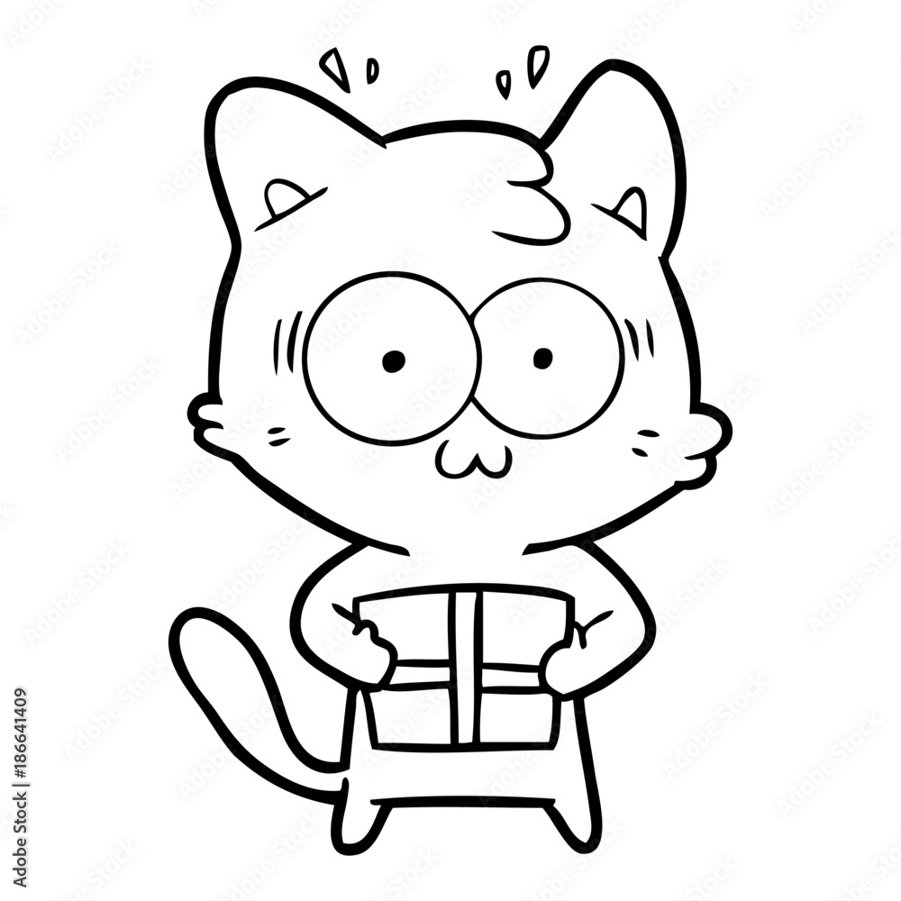 cartoon surprised cat with christmas present cartoon surprised cat with christmas present