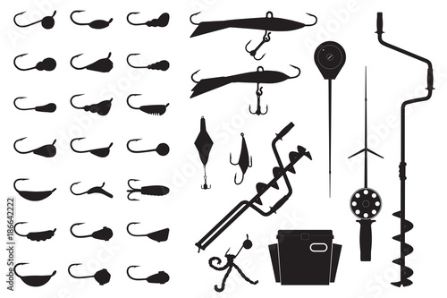 Vector winter fishing set. Silhouette of ice screw, hook, jig lure, rod, box, spoon and mormyshka