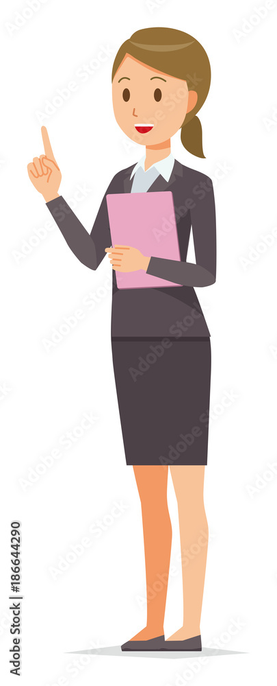 Business woman in suit wears a file with a file pointing Business woman in suit wears a file with a file pointing