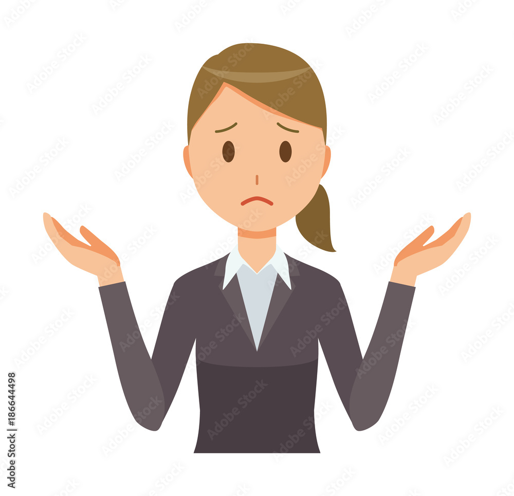 A business woman in a suit is shrugging her shoulders A business woman in a suit is shrugging her shoulders