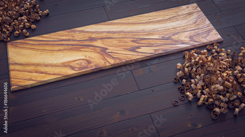 olive wood plank on parquet with wood shavings 3d illustration copy space