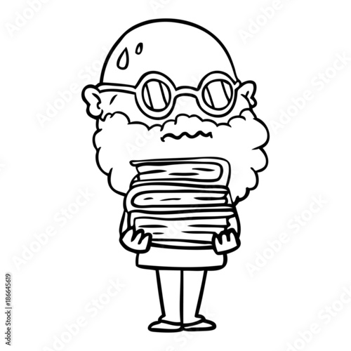 cartoon worried man with beard and stack of books