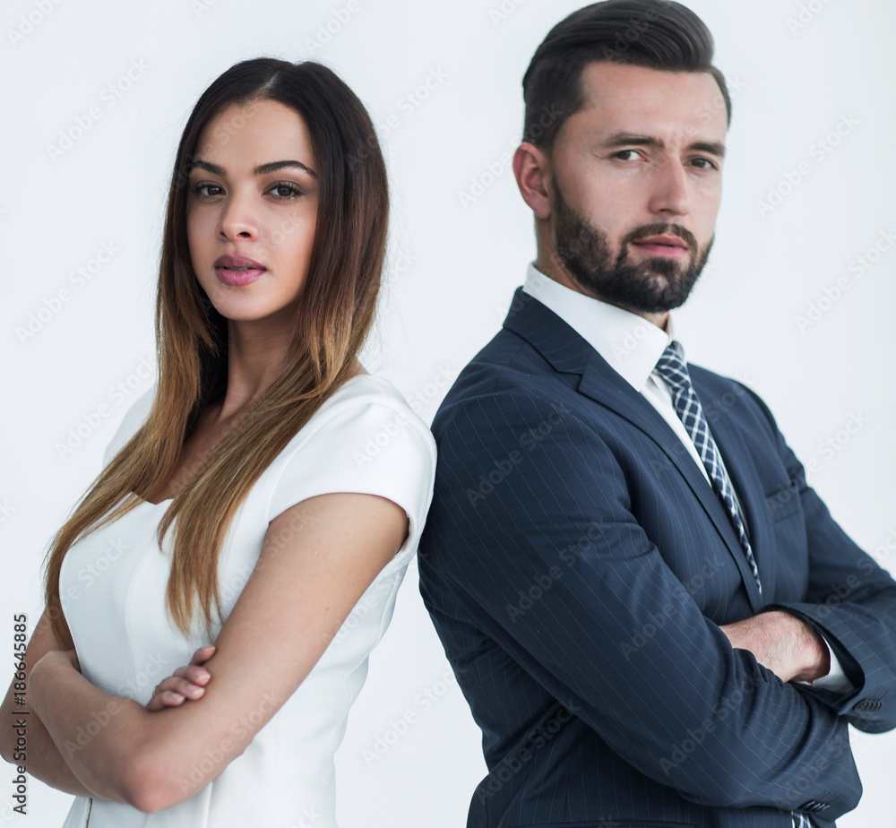 Portrait of business people back to back against white backgroun Portrait of business people back to back against white backgroun