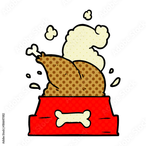 cartoon whole cooked turkey crammed into a dog bowl for a happy christmas pup