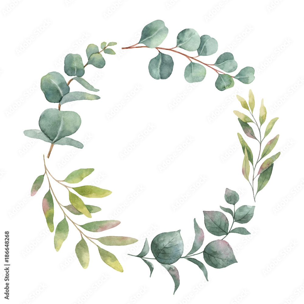 Watercolor vector wreath with green eucalyptus leaves and branches ...