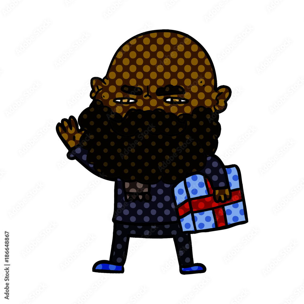 cartoon man with beard frowning with xmas gift cartoon man with beard frowning with xmas gift
