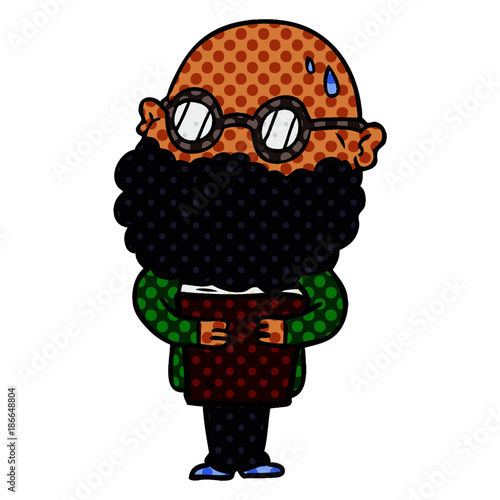 cartoon worried man with beard and spectacles