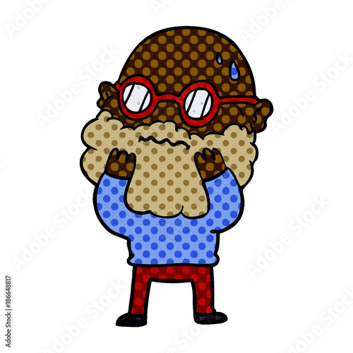 cartoon worried man with beard and spectacles