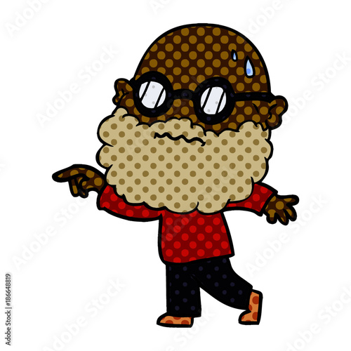 cartoon worried man with beard and spectacles pointing finger