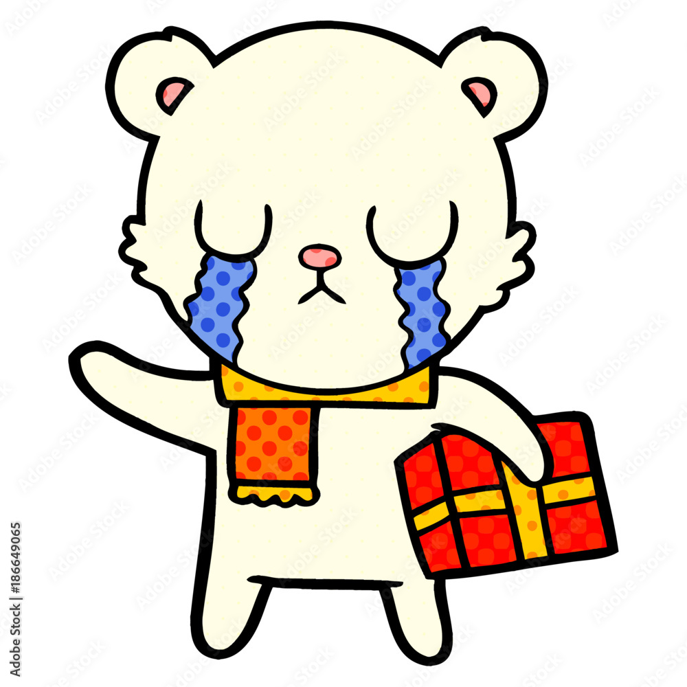 crying polar bear cartoon with christmas gift crying polar bear cartoon with christmas gift