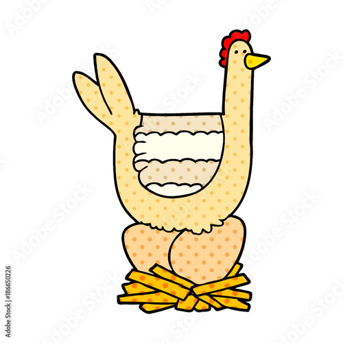 cartoon chicken sitting on eggs in nest