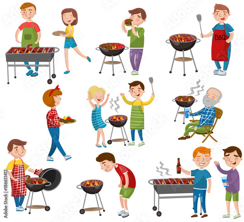 Happy people eating and cooking grilled meat, barbecue party in holiday cartoon vector Illustrations