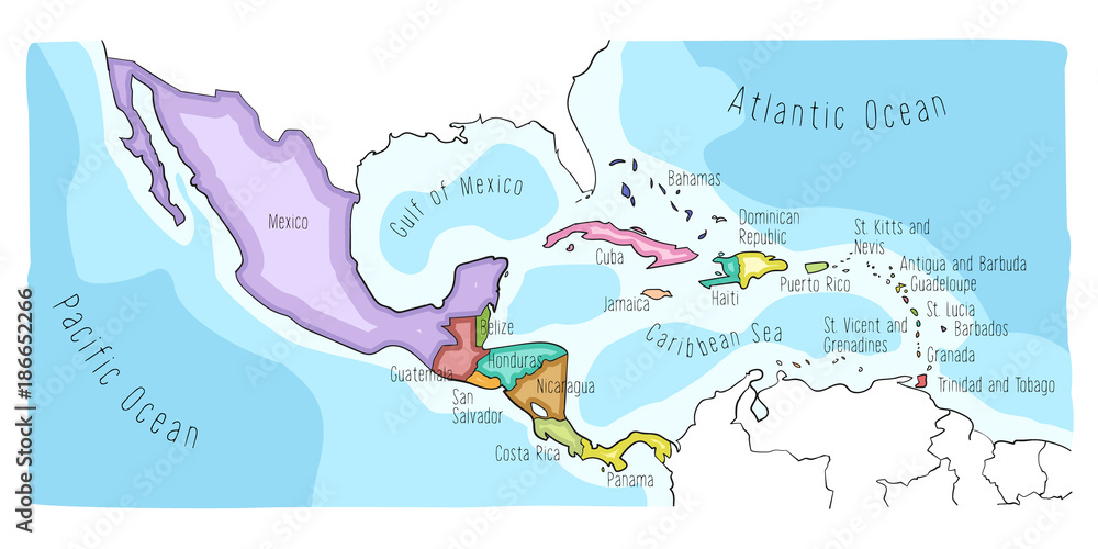 Hand drawn vector map of Central America and Mexico. Colorful cartoon style cartography of central America including Mexico, Nicaragua, Honduras, Panama, San Salvador, Guatemala, Bahamas, Cuba...