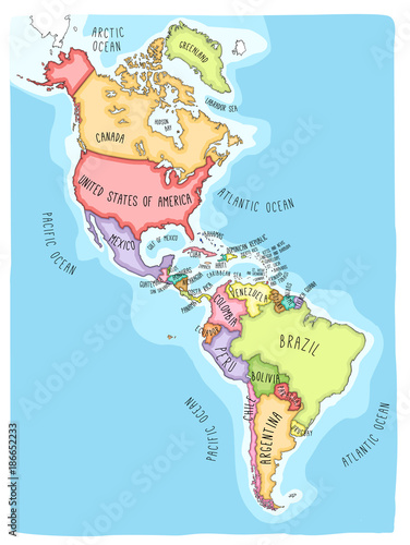 Hand drawn vector map of the Americas. Colorful cartoon style cartography of north and South America including United States, Canada, Mexico, Brazil, Argentina, Cuba, Colombia, Venezuela...