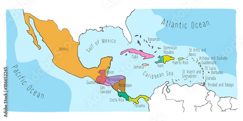 Hand drawn vector map of Central America and Mexico. Colorful cartoon style cartography of central America including Mexico, Nicaragua, Honduras, Panama, San Salvador, Guatemala, Bahamas, Cuba...