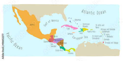 Hand drawn vector map of Central America and Mexico. Colorful cartoon style cartography of central America including Mexico, Nicaragua, Honduras, Panama, San Salvador, Guatemala, Bahamas, Cuba... photo