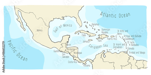 Hand drawn vector map of Central America and Mexico. Colorful cartoon style cartography of central America including Mexico, Nicaragua, Honduras, Panama, San Salvador, Guatemala, Bahamas, Cuba...
