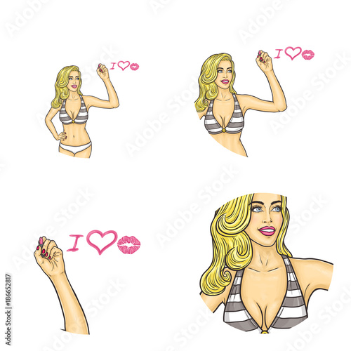 Set of vector pop art round avatar icons for users of social networking, blogs, profile icons. Blonde sexy girl in swimsuit drawing in air with lipstick i love you. Isolated illustration.