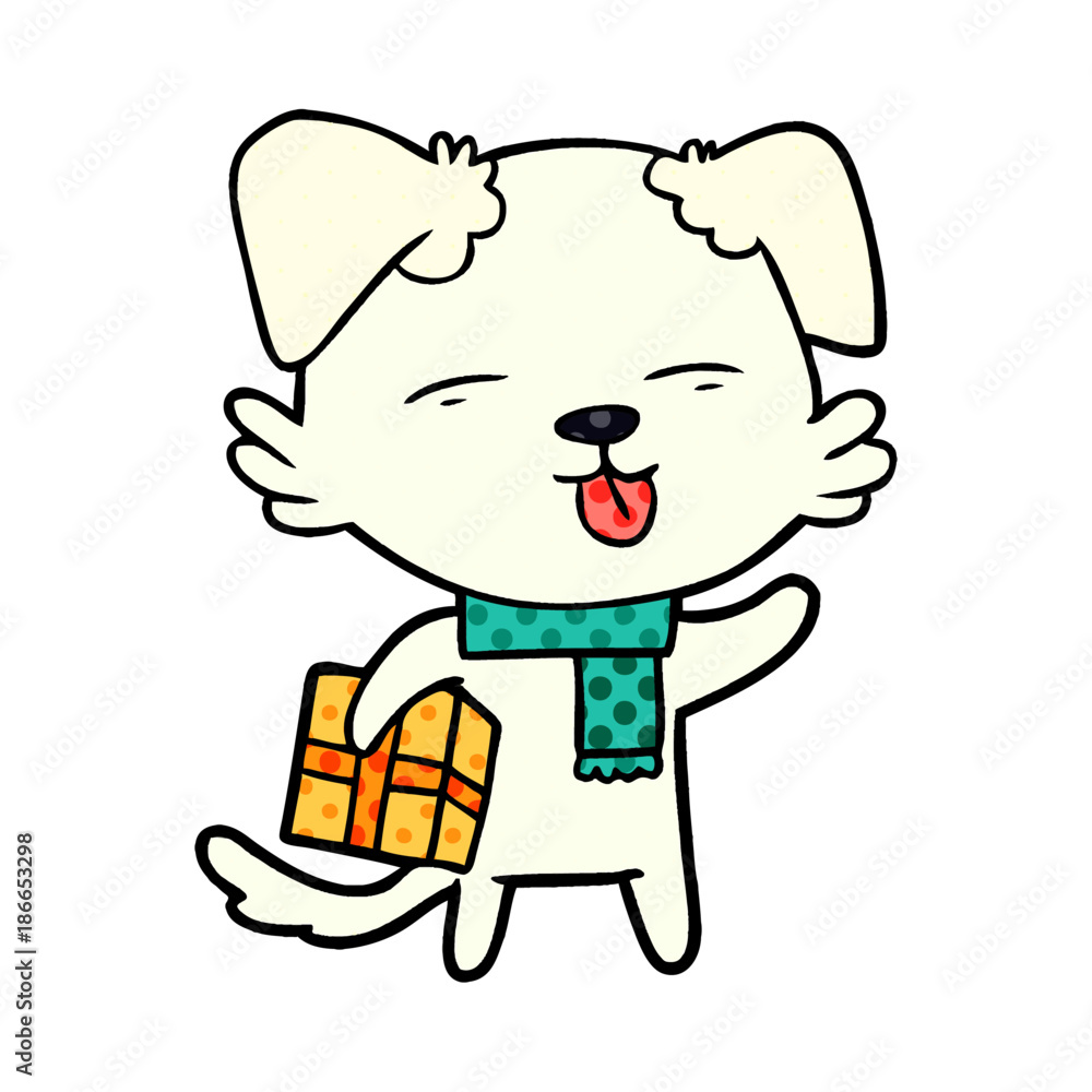 cartoon dog with xmas gift