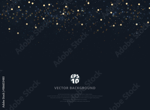 Abstract navy blue blurred background with bokeh and gold glitter header. Copy space.