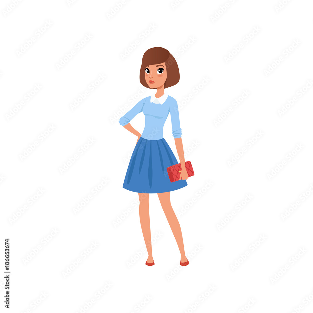 Portrait of brunette caucasian woman with red handbag. Cartoon female  character dressed in blue skirt and sweater with white shirt underneath.  Flat vector design Stock Vector | Adobe Stock