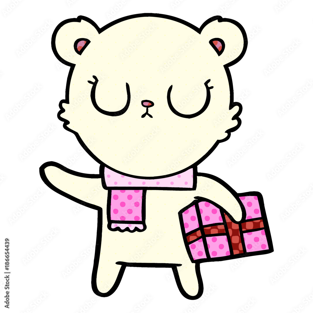 peaceful cartoon polar bear with christmas gift peaceful cartoon polar bear with christmas gift