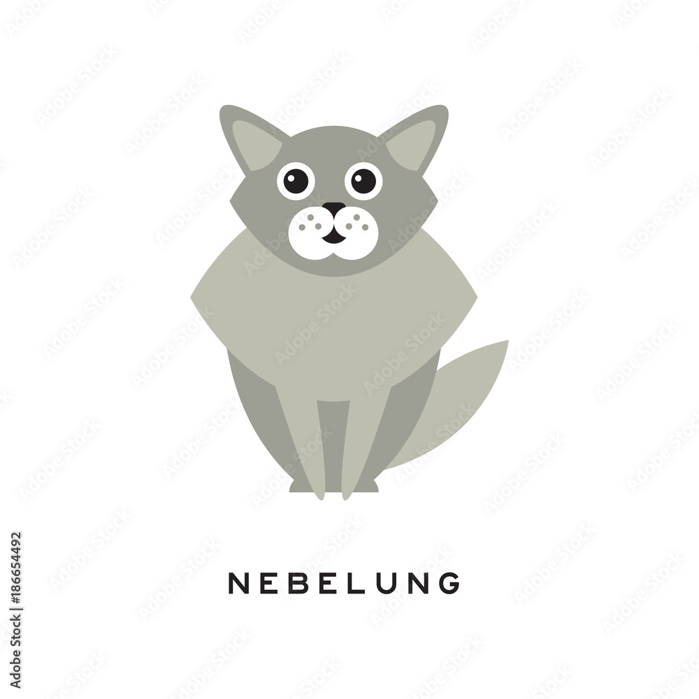 Beauty nebelung cat. Pet with big shiny eyes, long gray fur and ruff around neck. Cartoon purebred domestic animal. Flat vector design for veterinary service or pet shop Beauty nebelung cat. Pet with big shiny eyes, long gray fur and ruff around neck. Cartoon purebred domestic animal. Flat vector design for veterinary service or pet shop