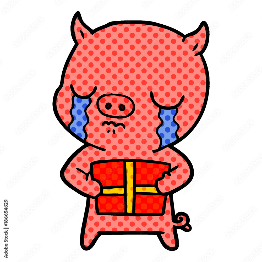 cartoon pig crying over christmas present cartoon pig crying over christmas present