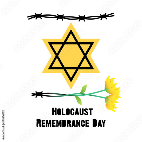 Holocaust Remembrance Day. Concentration Camps. Yellow Star of David. This David's Star was used in Ghetto and Concentration Camps and flowers. Vector illustration