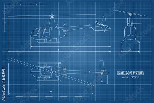 Blueprint of helicopter. Top, front and side view. Detailed image of business vehicle.  Industrial isolated drawing. Copter in outline style