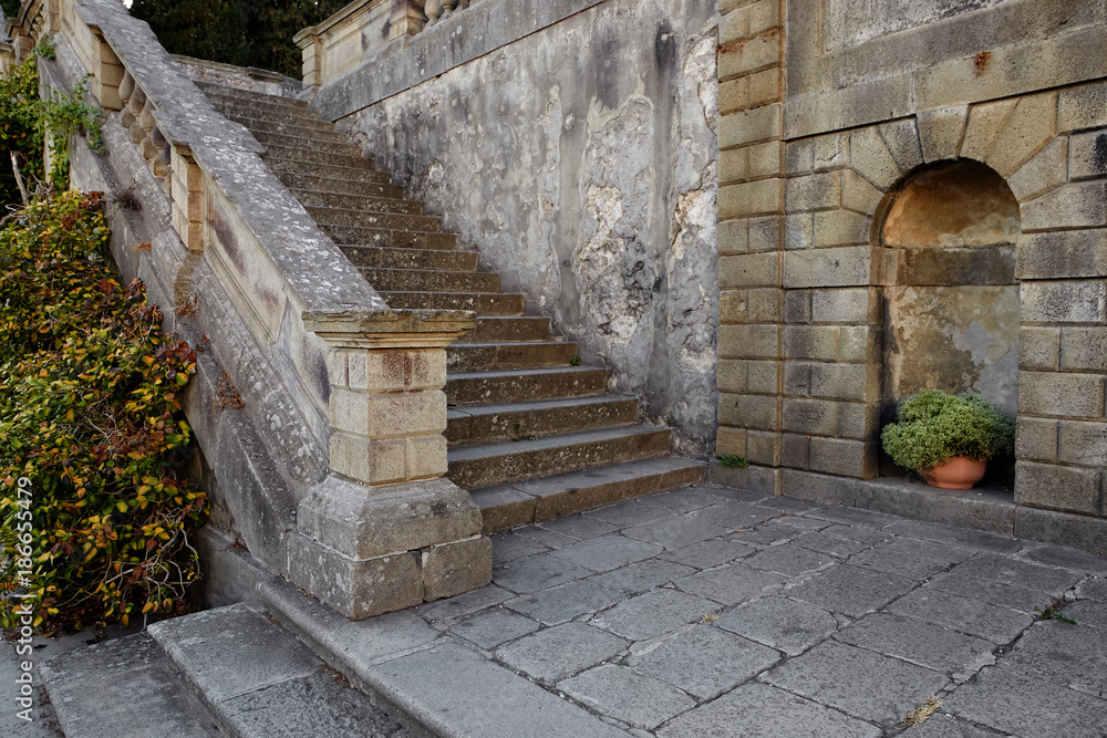 Monselice, Italy - July 13, 2017: Villa Dudo. The staircase is an ekzedra - a semicircular platform with a niche named after Francis Xavier in memory of the Saint's stay in Monselice in 1537.