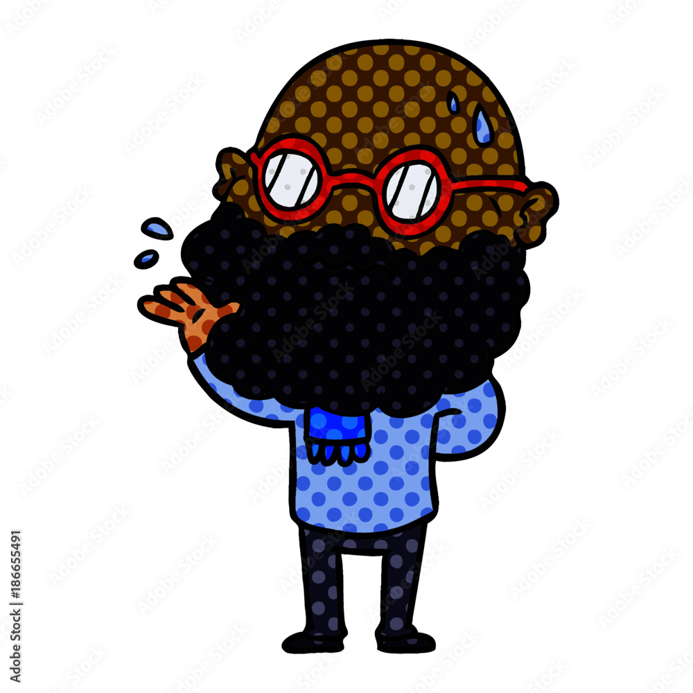 cartoon worried man with beard and spectacles