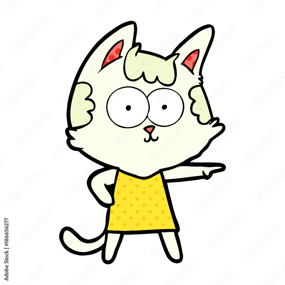 happy cartoon cat in dress pointing happy cartoon cat in dress pointing