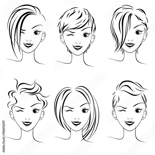 Set of fashionable female haircuts 2018, vector illustration, outline, sketch