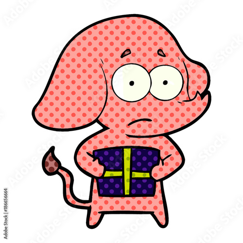 cartoon unsure elephant with christmas present