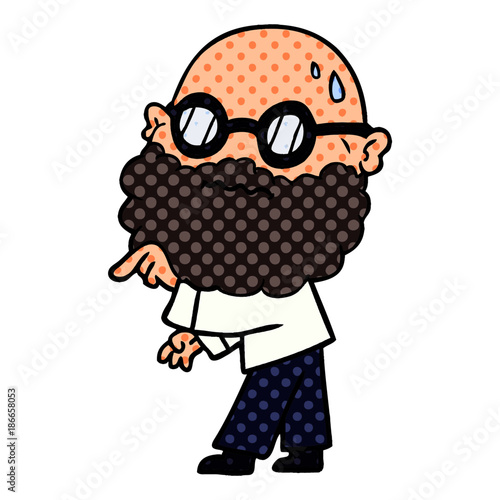 cartoon worried man with beard and spectacles pointing finger