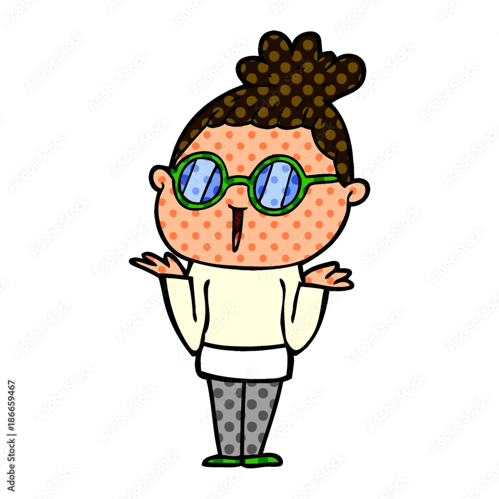 cartoon shrugging woman wearing spectacles cartoon shrugging woman wearing spectacles