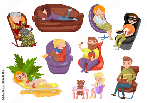 Different people sitting and lying on different chairs, sedentary lifestyle cartoon vector Illustrations